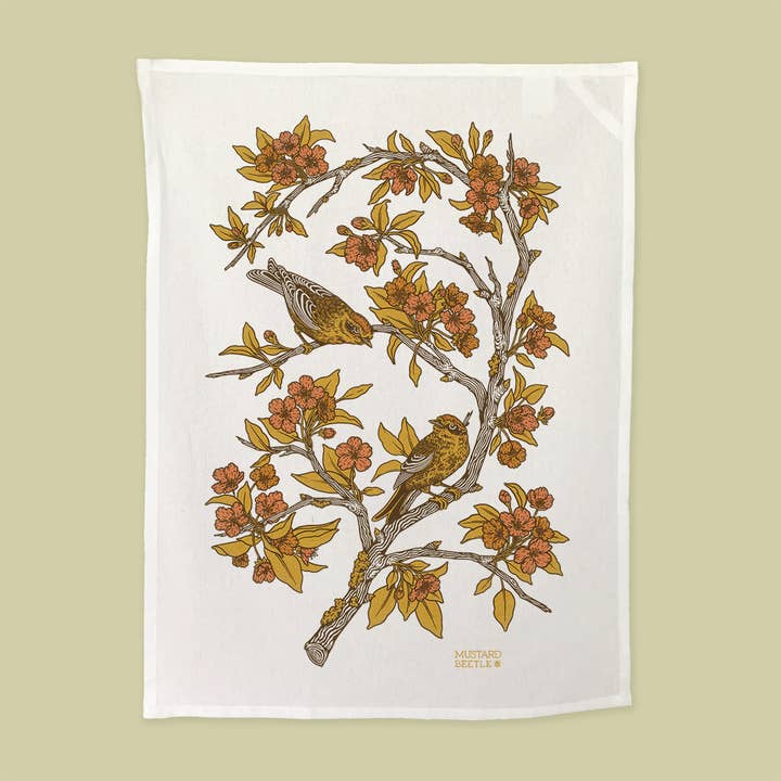 Mustard Beetle – wholesale Tea towel – Screenprinted Organic Cotton Tea Towel: Palm Warblers