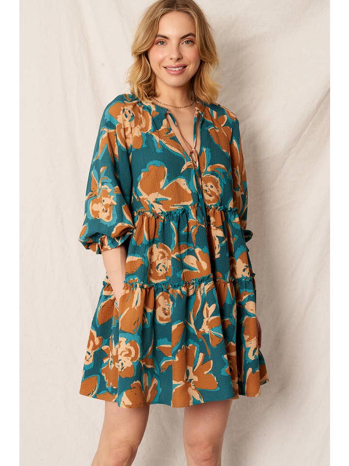 Teal Brown Printed 3/4 Sleeve Tiered Mini Dress for wholesale on Faire
