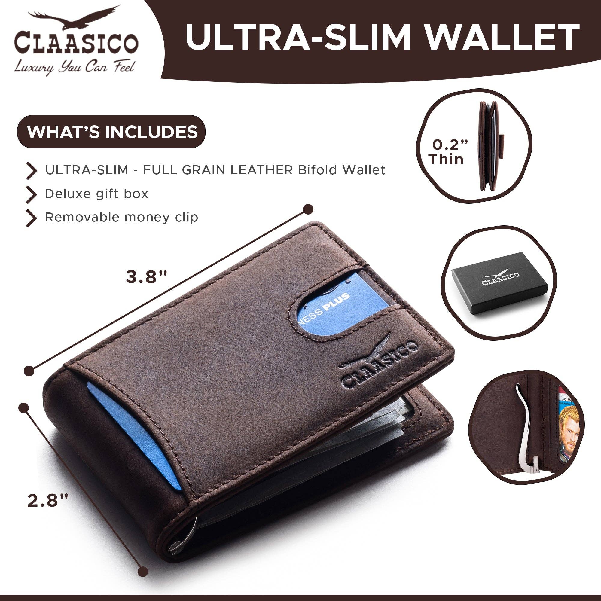 Claasico - Wholesale Wallet - Men's - Small bifold leather money clip wallet with pull strap9