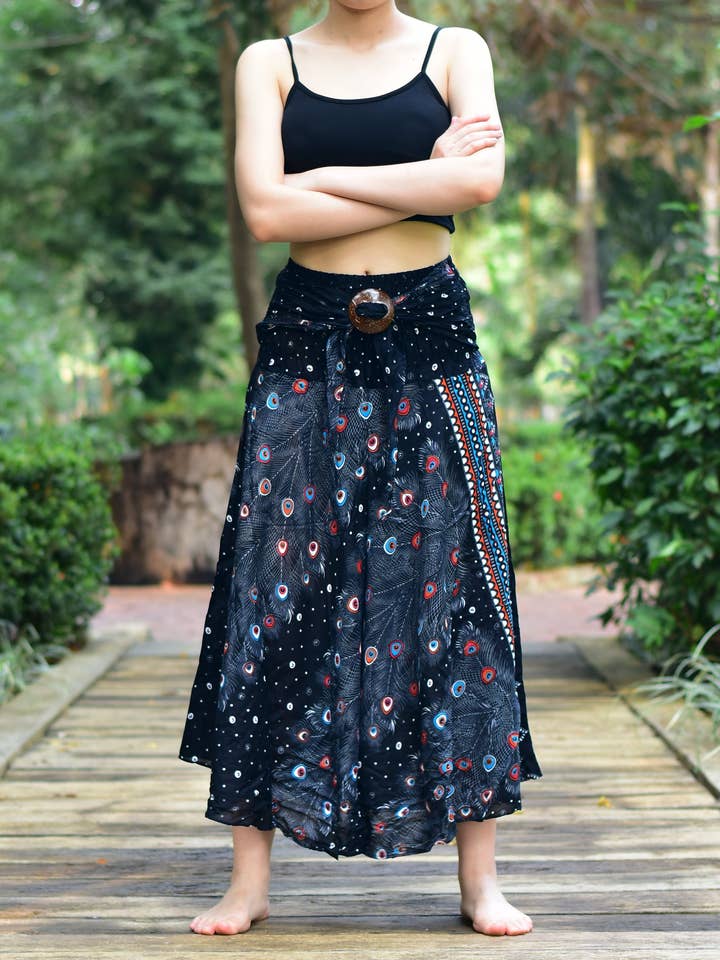 Black Peacock Long Skirt With Coconut Buckle S-3XL for wholesale by Bohotusk