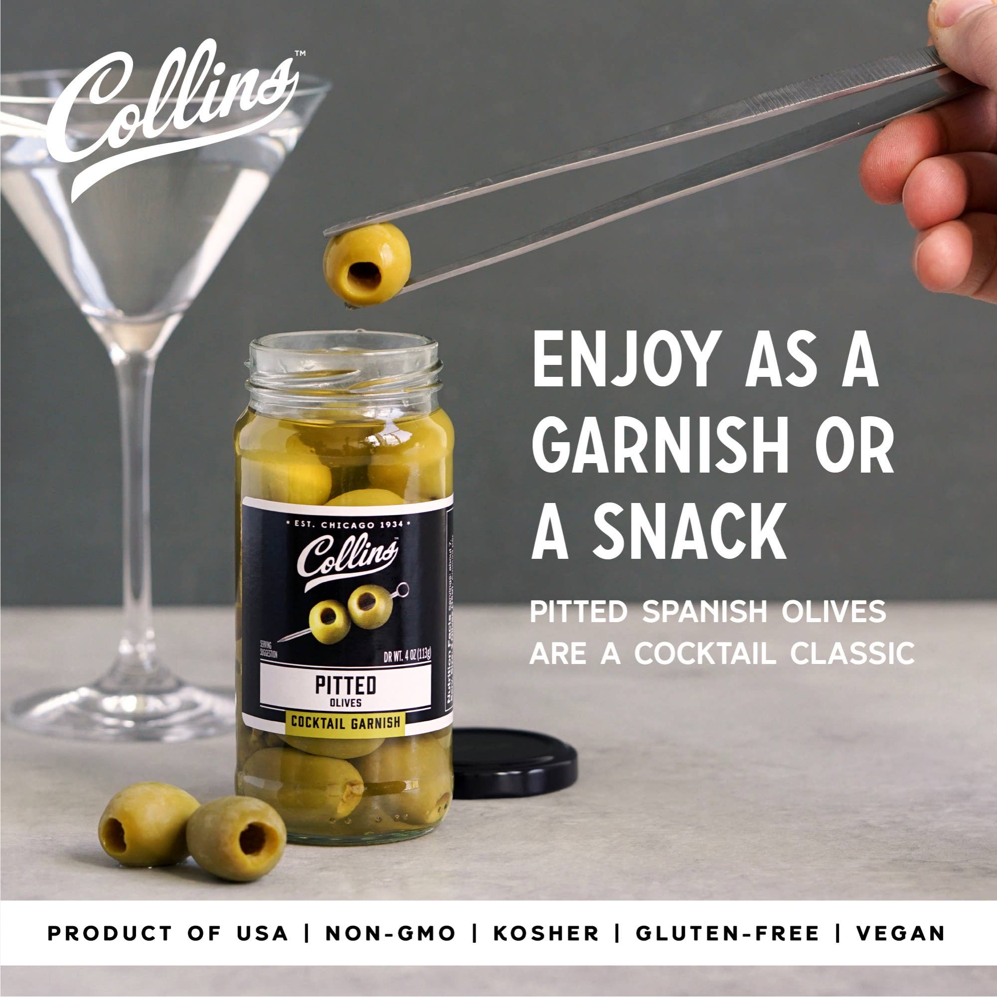 Collins - Wholesale Olives - Gourmet Spanish Pitted Cocktail and Condiment Olives 4 oz1