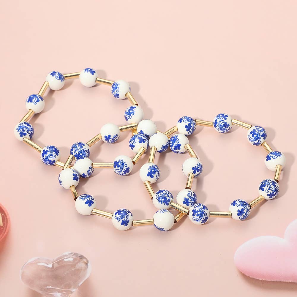 Sensibling Corp. - Wholesale Beaded Bracelet - 3PCS - Floral Ceramic Ball Beaded Stretch Multi Layered Bracelets2