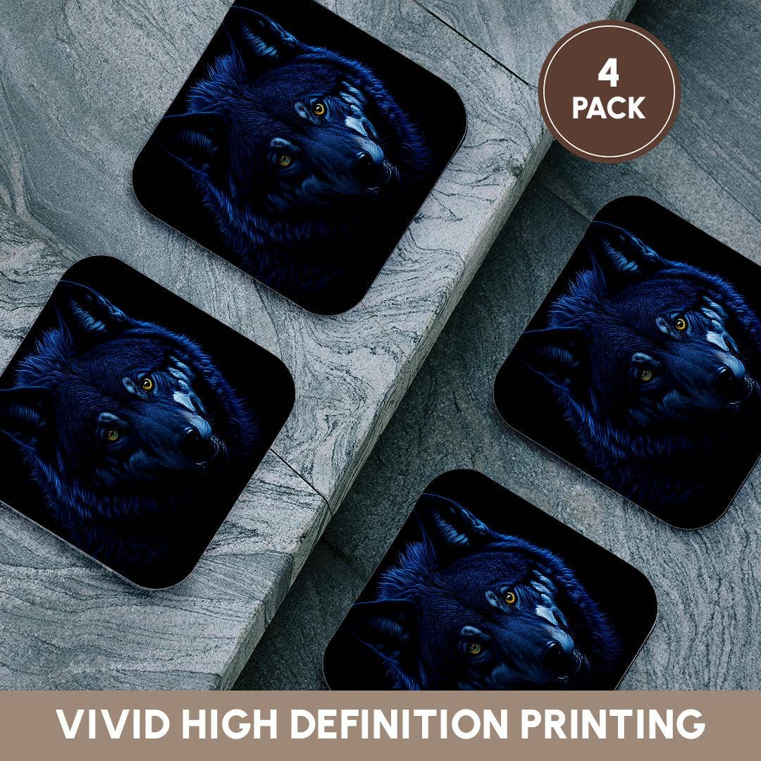 3dRose - Wholesale Coasters - 3dRose, Mystical, magical wolf portrait. Yellow eyes. Dark blue, black gift, Coaster12