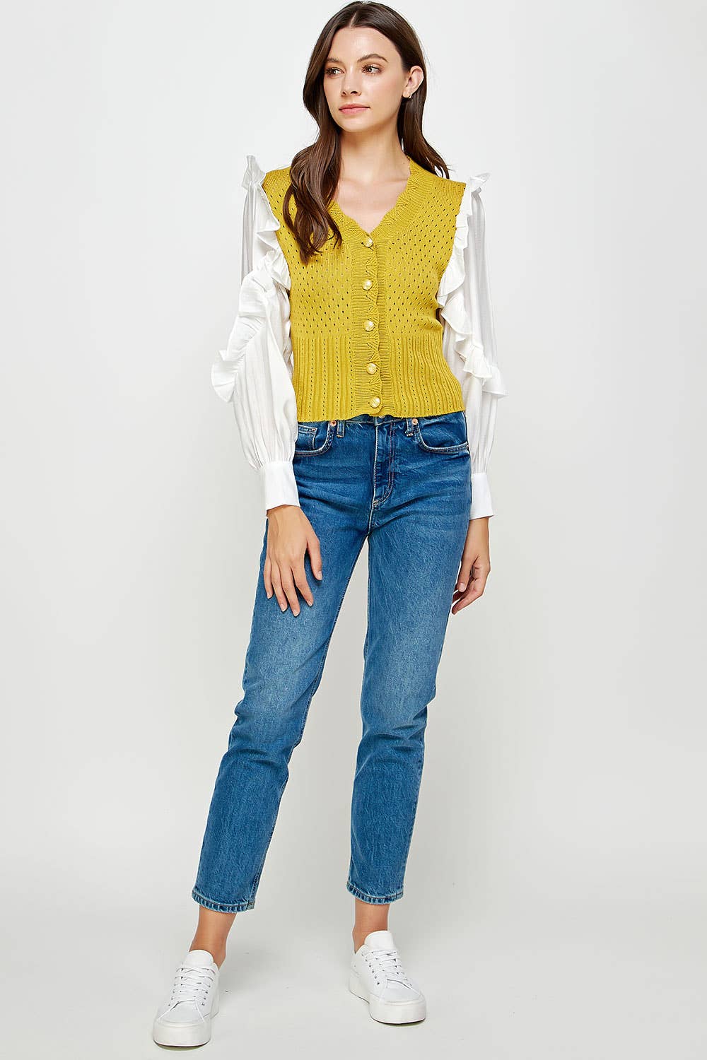 Strut & Bolt - Wholesale Knit Sweater - Women's - Mixed Fabric Ruffled Sleeve Crochet Knit Sweater17