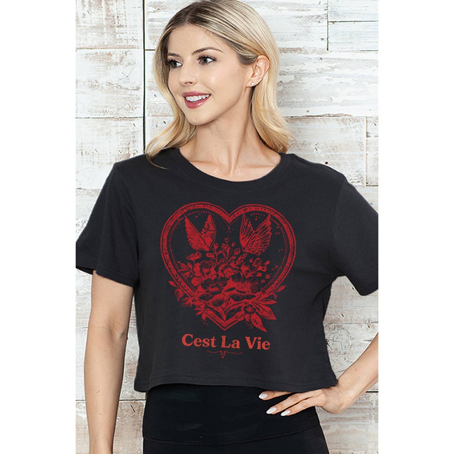 MINEB - Wholesale Screen Printed T-Shirt - Women's - CEST LA VIE HEART CROP TEE0