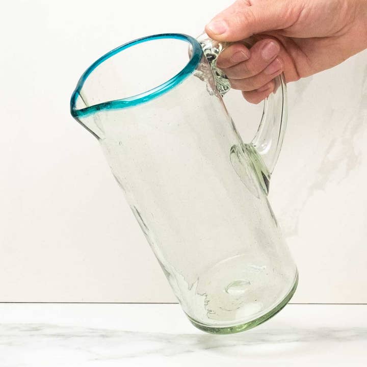 Aqua Rim Glass Pitcher with Handle, Recycled Clear Glass Jug for wholesale by Sobremesa
