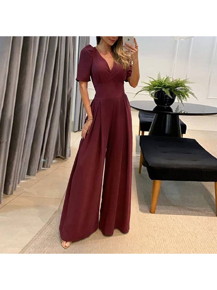 Rosa Clothing - Wholesale Jumpsuit - Women's - deep v half sleeve wide leg jumpsuit formal dressy