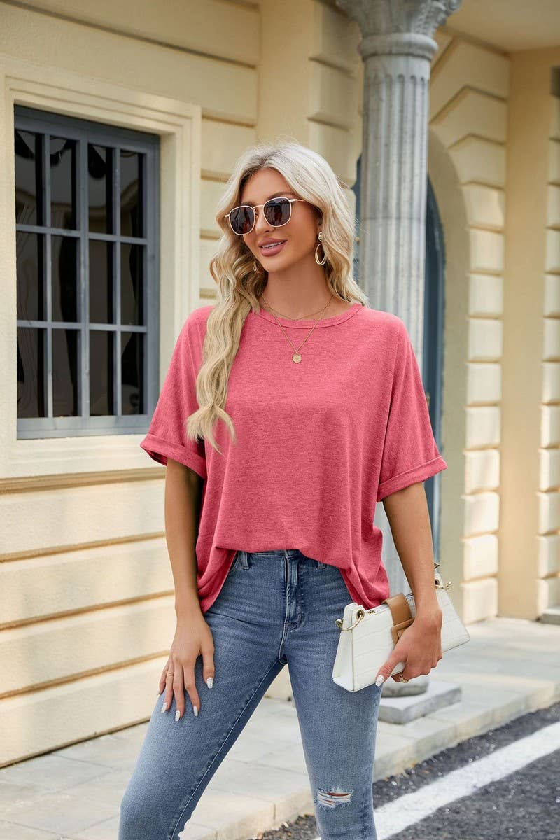 Lily Clothing - Wholesale T-Shirt - Women's - ROUND NECK SOLID COLOR SHORT SLEEVE LOOSE T SHIRT_CWTSTS028020