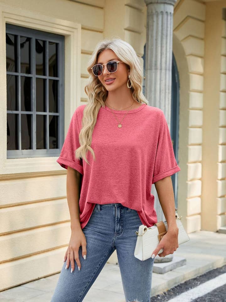 Lily Clothing - Wholesale T-Shirt - Women's - ROUND NECK SOLID COLOR SHORT SLEEVE LOOSE T SHIRT_CWTSTS028020