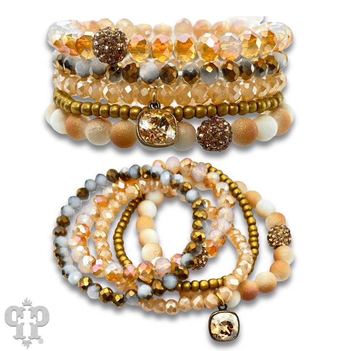 Pink Panache Brands - Wholesale Jewelry Set - Five strand stone and crystal bead bracelet set, Austrian crystal