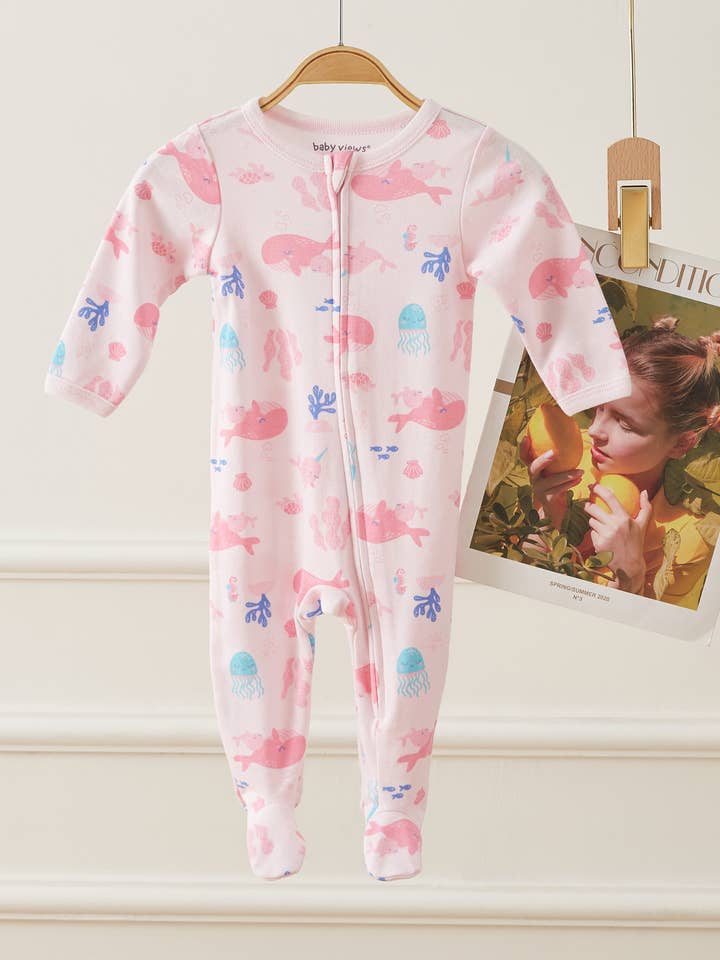 Lollipop Dreams - Wholesale Sleepsuit - Baby - Pink Whales Sea World Pattern Zipper Footie Pajamas Romper