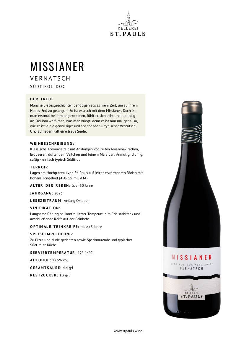 Metina SAS - Wholesale Red Wine - MISSIANER Vernatsch South Tyrol DOC San Paolo Winery 75 cl.2