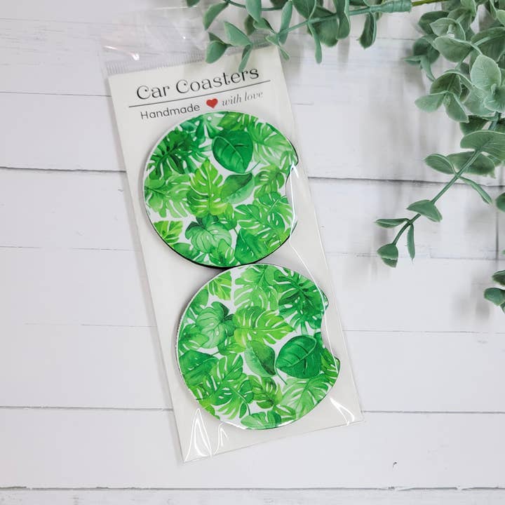 Posavasos para coche con hojas tropicales para venta al por mayor de The Purple Chickadee