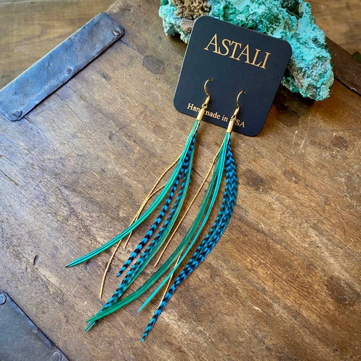 Mini Feather Earrings - Green & Turquoise/Gold, Boho Western for wholesale on Faire7