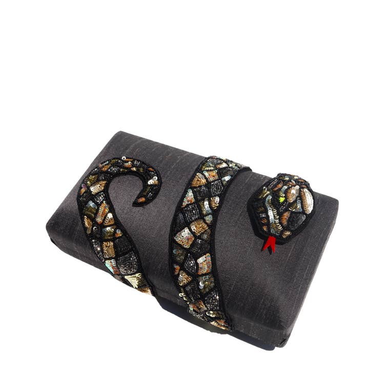Simitri - Wholesale Clutch Bag - Women's - Gray Kaa Hand Embroidered Snake Faux Silk Box Clutch Bag4