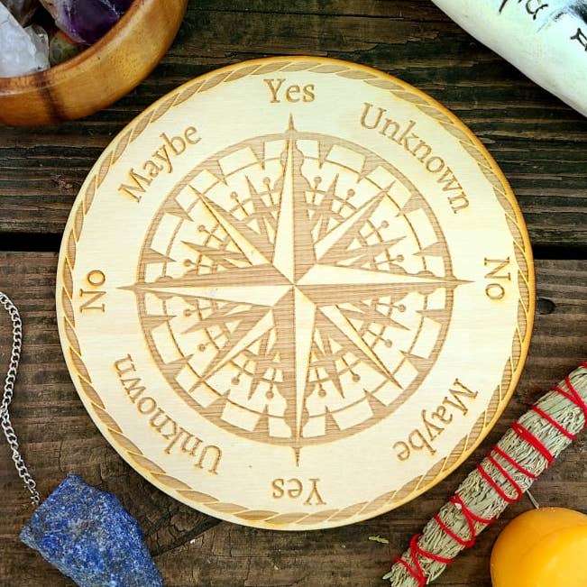 Compass Pendulum Board Laser Engraved Wood Divination Tool for wholesale by Prism Moon Designs