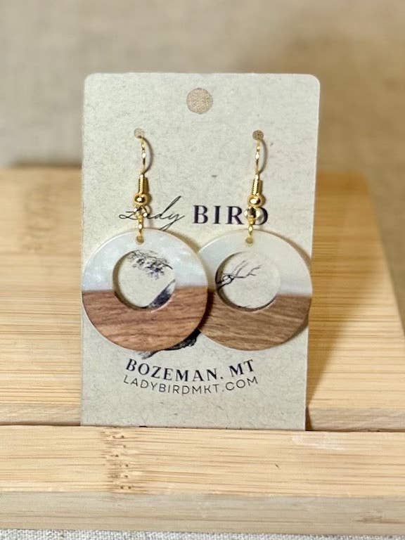 Walnut Wood & White Resin Hoop Earrings for wholesale by Lady Bird Market