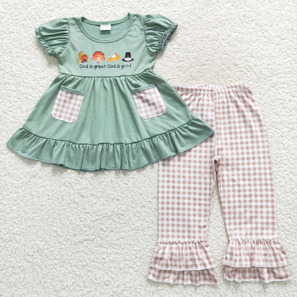Aier Wholesale - Wholesale Top & Pant Set - Kids - Baby Girls Thanksgiving Green Turkey 2Pcs Ruffle Pants Cloth