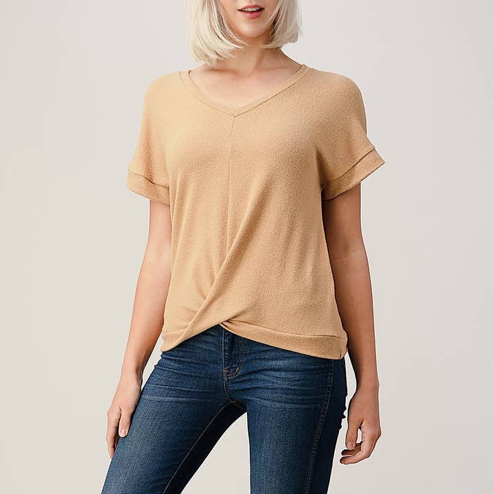 Heimious - Wholesale Knit Top - Women's - Twist Front Short Sleeve Brushed Knit Top, T35610