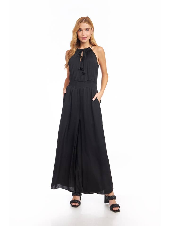 Wide Leg Jumpsuit With Front Tie Keyhole Detail for wholesale by Naked Zebra
