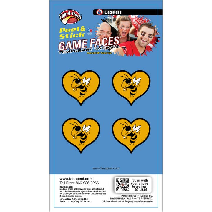 Georgia Tech Game Faces® Temporary Tattoos for wholesale by Fanapeel / Gamefaces