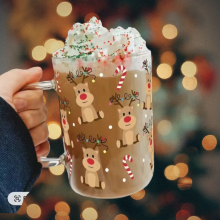 MySunshineCandless - Wholesale Drinking Glass/Cup - Christmas Glass Cup with Lid and Straw: Santa, Reindeer Deer2