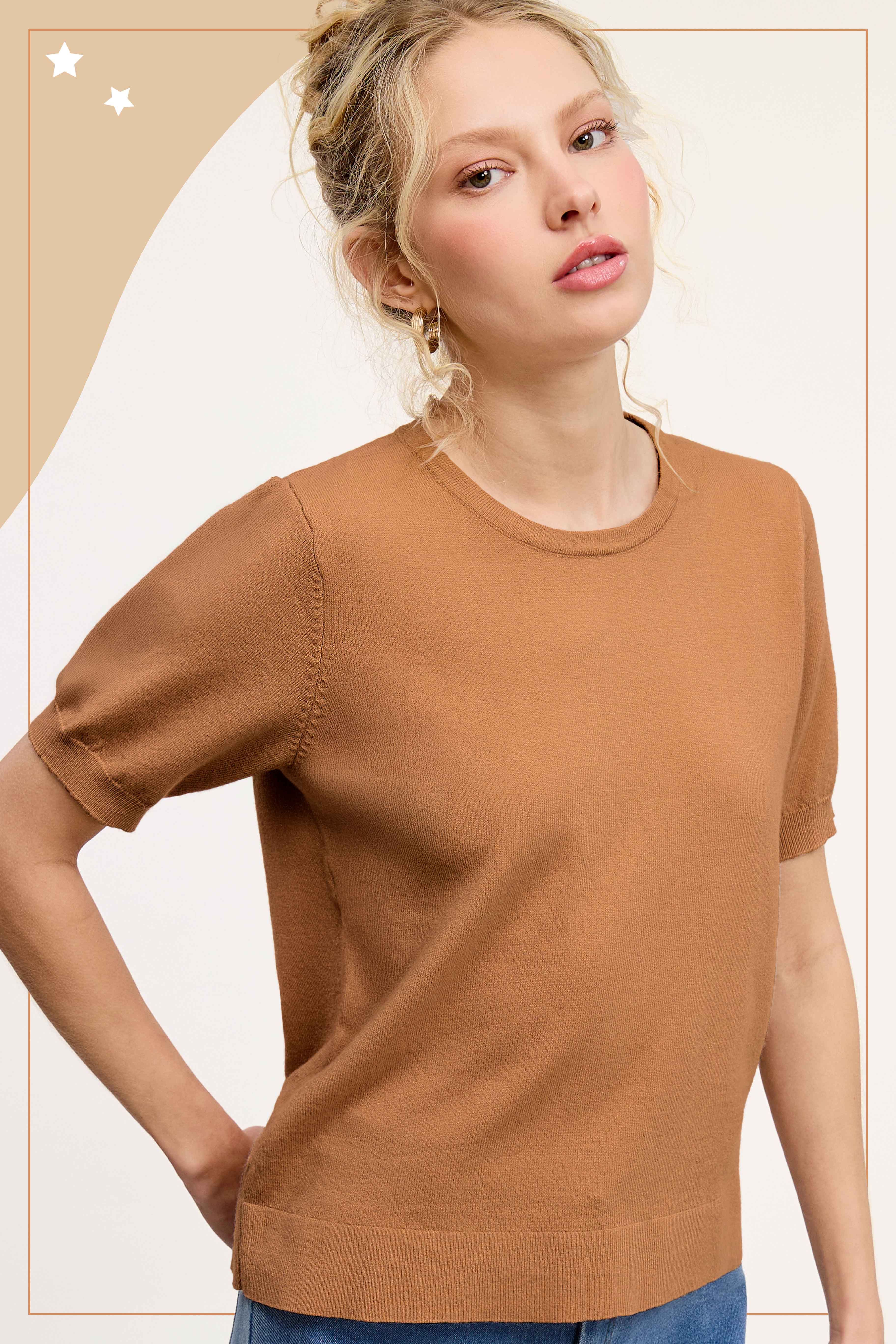 La Miel - Vente Pull en maille – femme - Haut en tricot extensible basique à manches courtes et bouffantes MCS360037