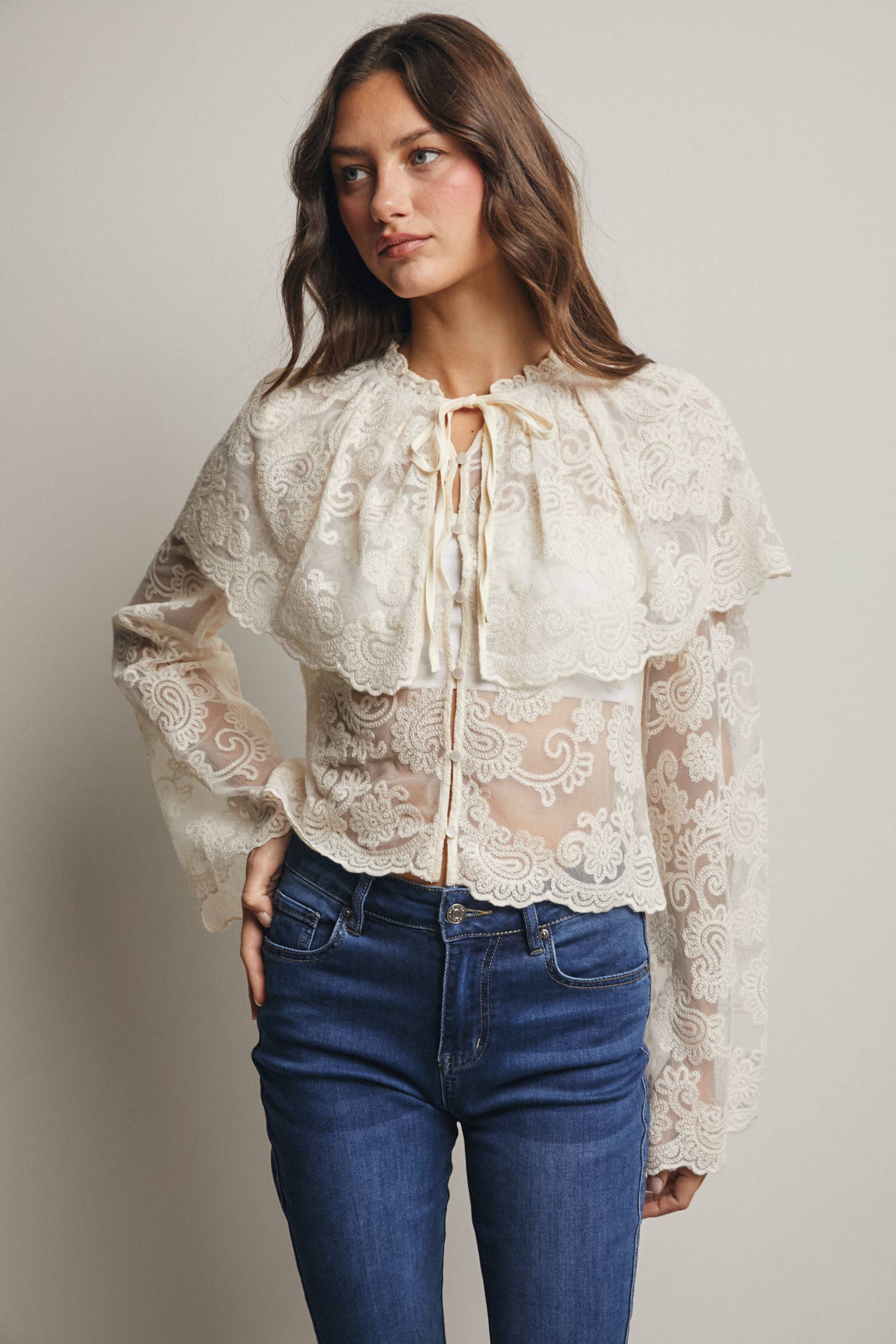 Forte - Wholesale Blouse - Women's - Sheer Embroidered Lace Blouse FT001613