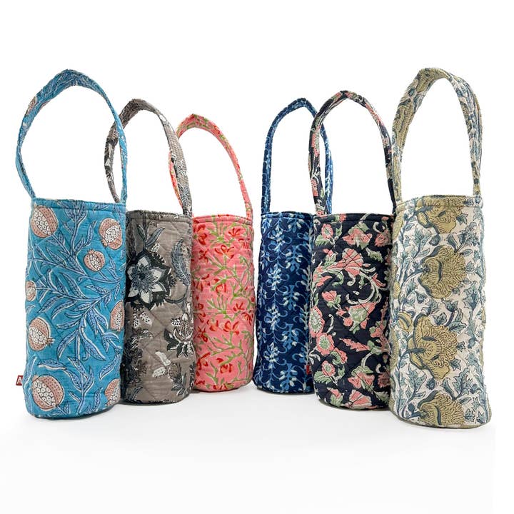 Anju Jewelry - Wholesale Wine Gift Bag - Block Printed Cotton Quilted Wine Bags - Pack of 6 Assorted