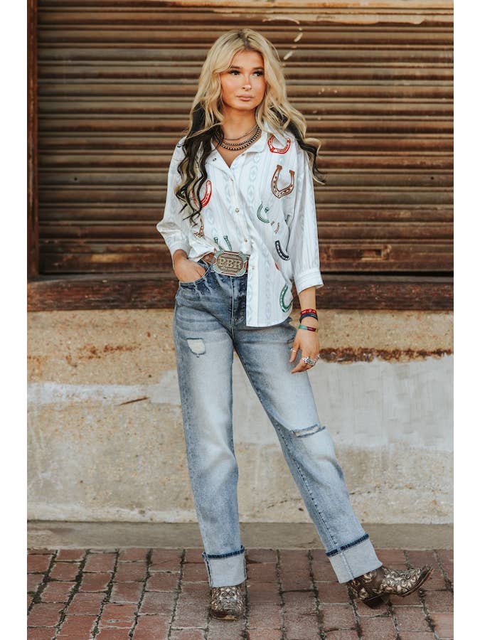 LUCKY & BLESSED - Wholesale Jeans - Women's - Vintage Stone Wash Distressed Cuffed Boyfriend Jeans