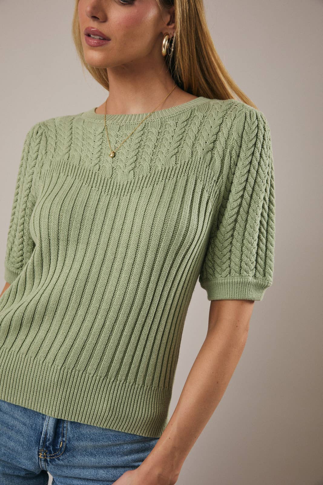 Sunday Edition by LE LIS - Wholesale Knit Sweater - Women's - ROUND NECK PUFF SHORT SLEEVE CABLE SWEATER32