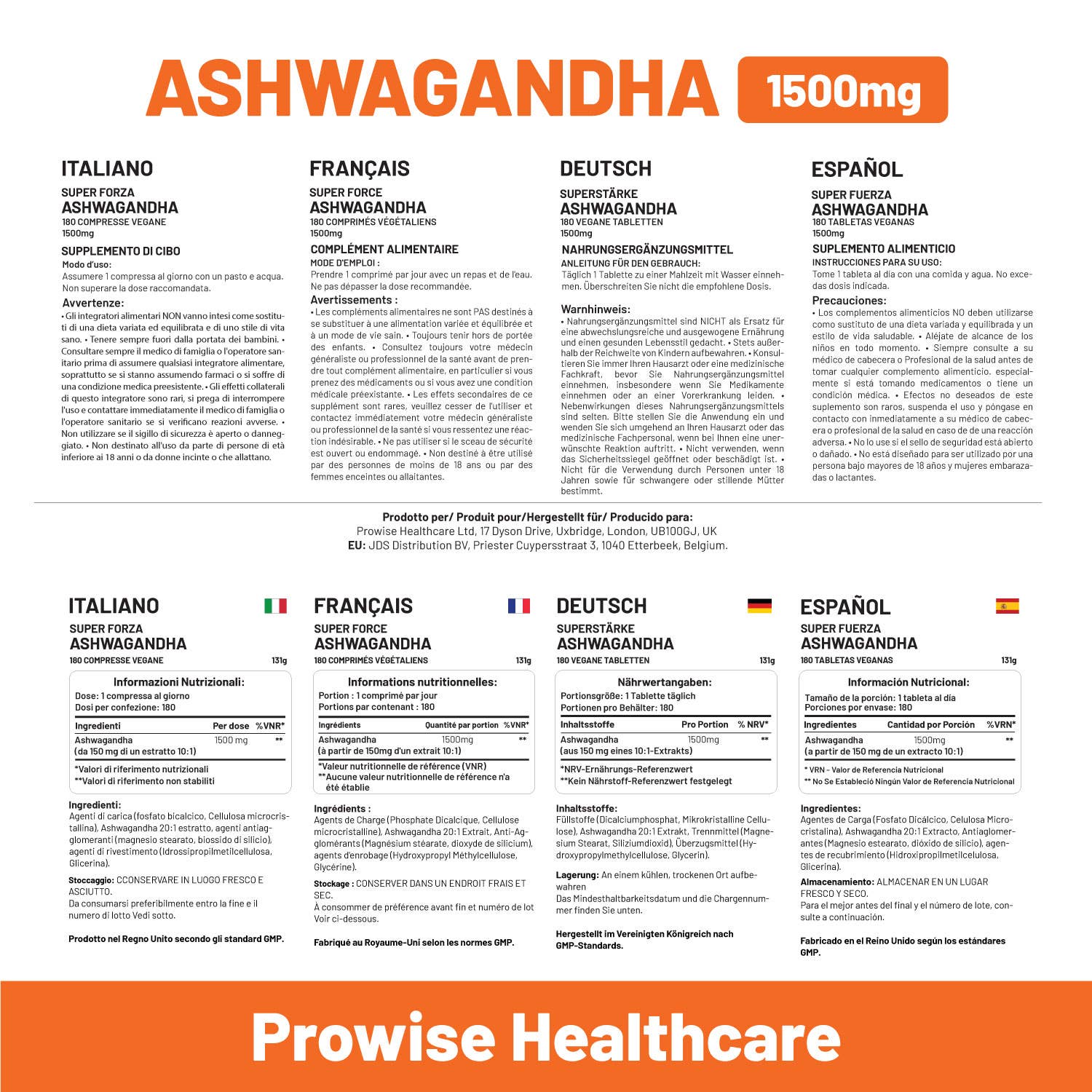 Prowise Healthcare – wholesale Oralt tillskott/Vitamin – Ashwagandha 1500 mg 180 veganska tabletter4