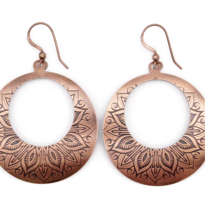 Pillar of Salt Studio - Wholesale Dangle Earrings - Copper Mandala Agogo Hoop Handmade Earrings6