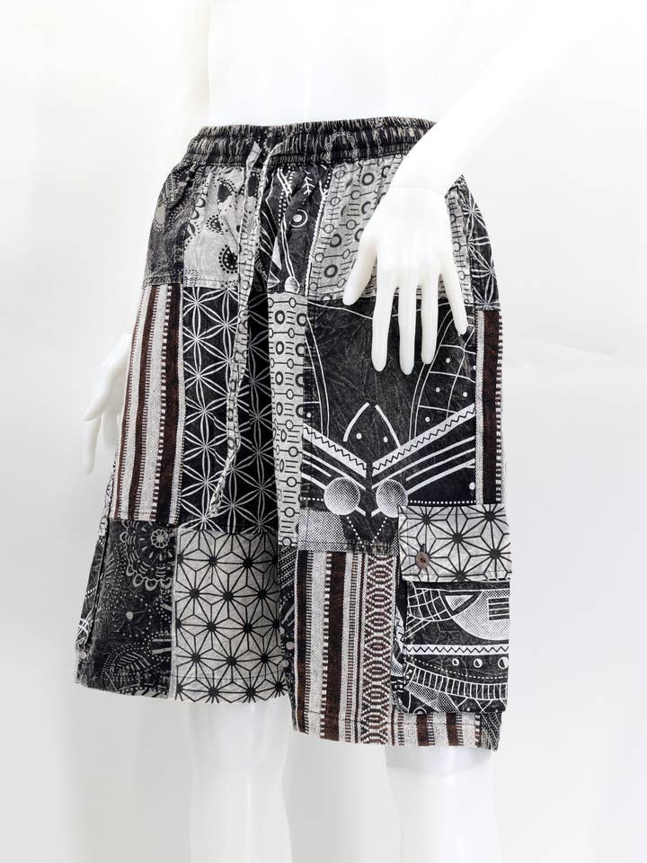 Himalaya Handmade - Vendita all'ingrosso Pantaloncini (non jeans) - Uomo - Pantaloncini Bohemien Patchwork Gheri Bianco e Nero Fatti a Mano in Cotone Hippie2