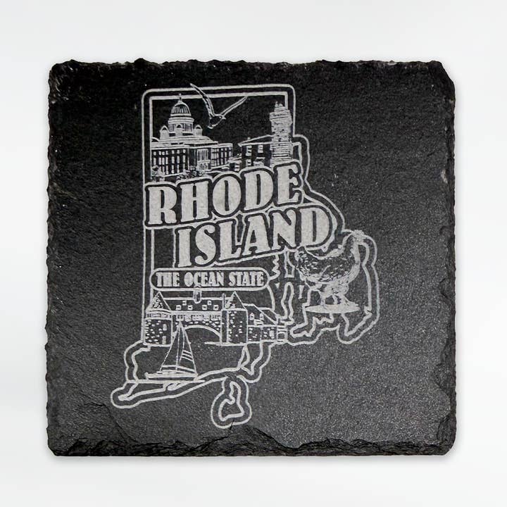 Rhode Island Map Collage Slate Coaster for wholesale by Commonwealth Souvenirs