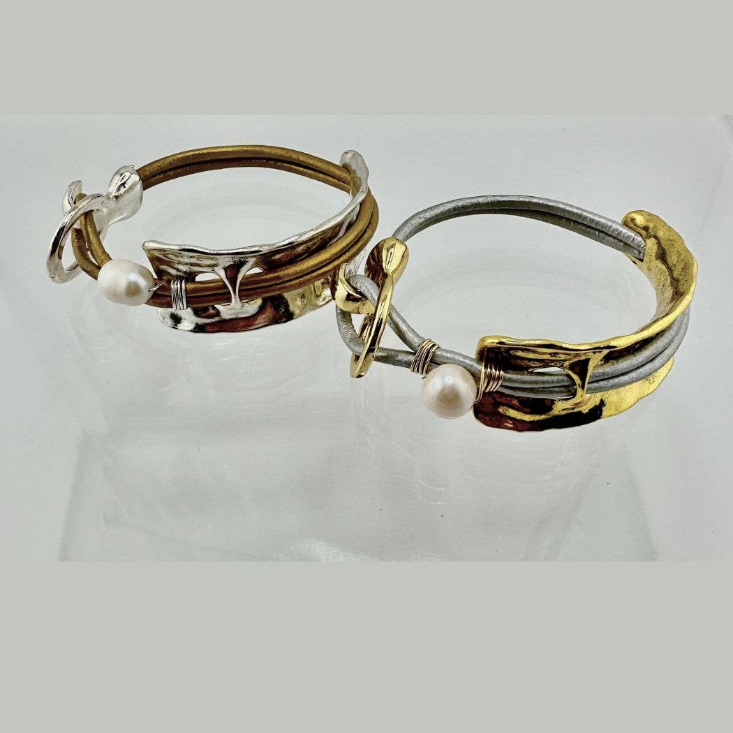 Beauty In Stone Jewelry - Wholesale Bangle Bracelet - Curved Cuff Bracelet With Leather & Pearl 11