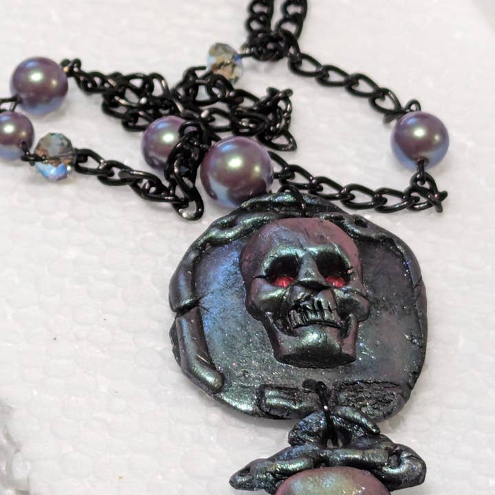 Gay Isber Designs - Wholesale Pendant/Charm Necklace - Spooky Skull Necklace Handmade Halloween Jewelry by Sugar Gay Isber – One-of-a-Kind, Ready to Ship! 22 inch black chain Unisex11