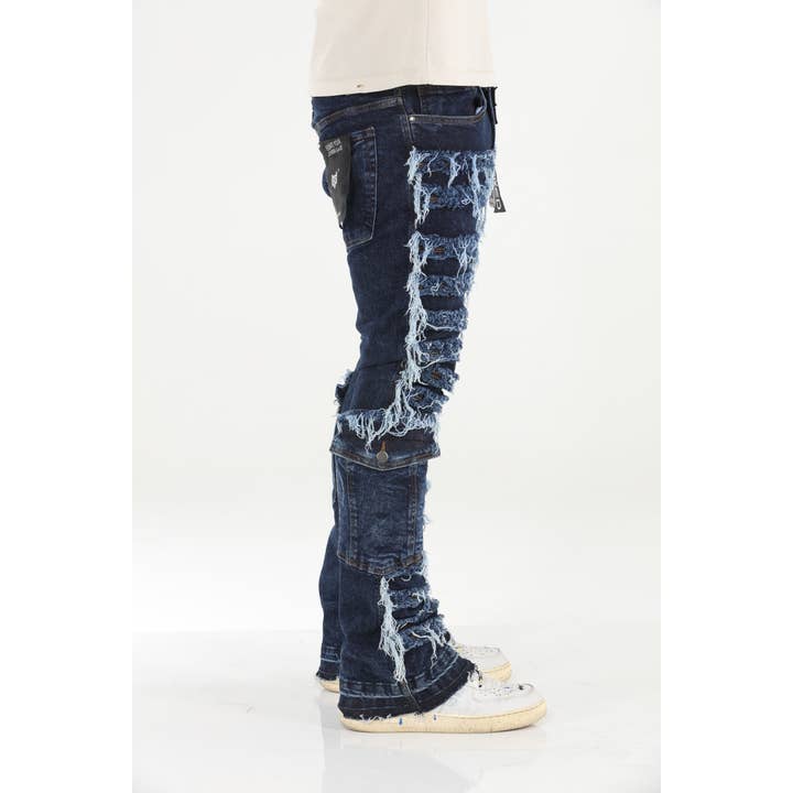 Stylo - Wholesale Jeans - Men's - Cargo Pocket Distressed Stacked Flare Jeans
