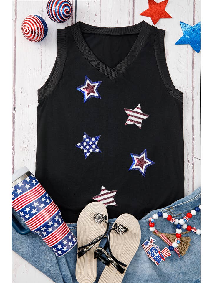 As shown Sequin Star Patch Graphic V Neck Tank Top | S-XL for wholesale on Faire