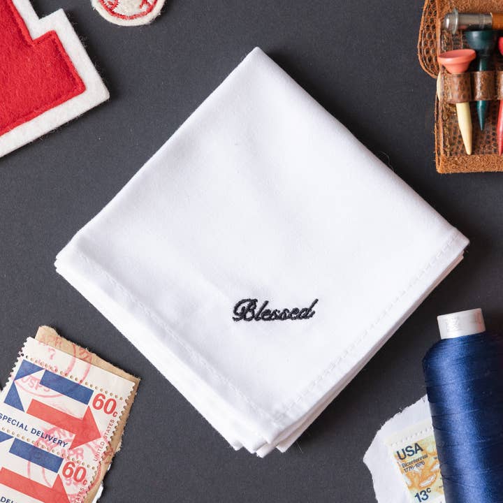 Men's Handkerchief {Embroidered Blessed} for wholesale by The Handkerchief Shop