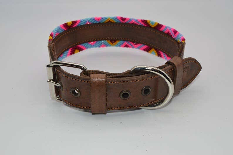 MyMexicanHome - Wholesale Halsband - Hond - L (42-49 cm) leren hondenhalsband met kleurrijk gebreid boho design7