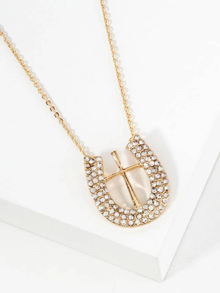 Crystal-Pave Cross-in-Horseshoe Pendant Necklace for wholesale by Wild Honey