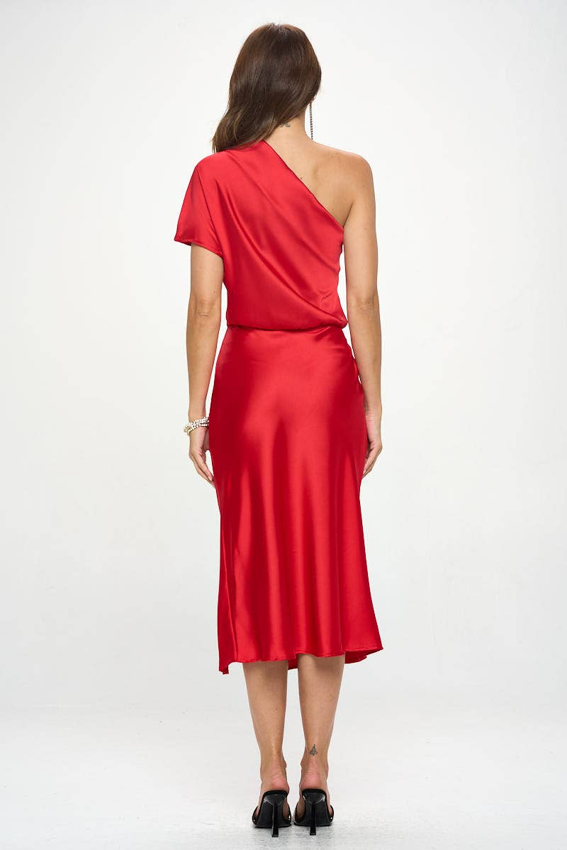 Red Made in USA Stretch Satin One Shoulder Dress for wholesale on Faire5