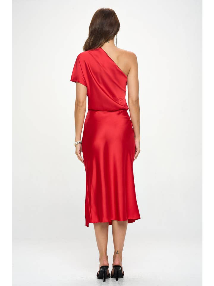 Red Made in USA Stretch Satin One Shoulder Dress for wholesale on Faire5