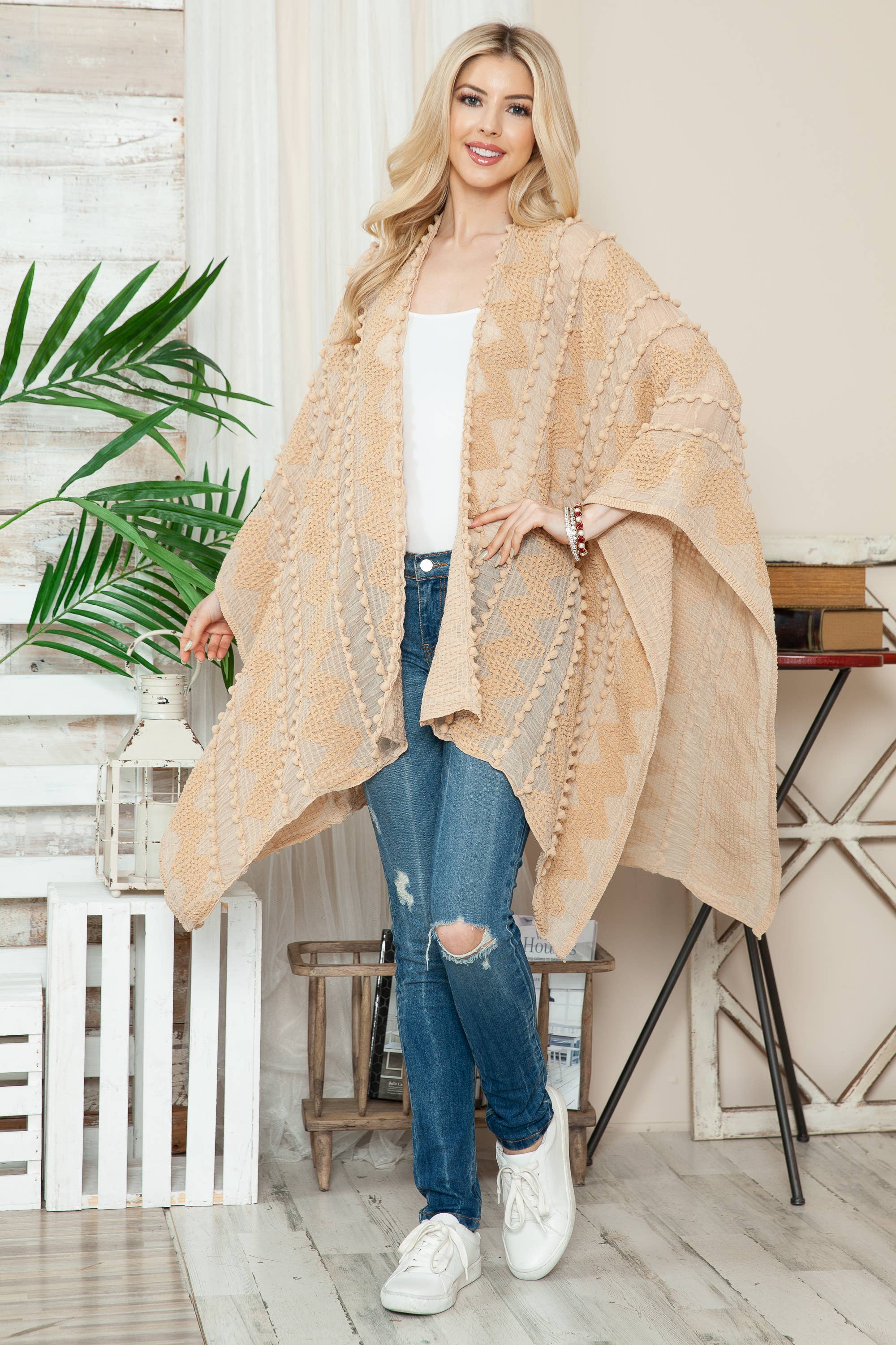 Justin & Taylor - Wholesale Kimono - Women's - Puffer-Up | Soft Textured Cover-Up Kimono With Pom Detail43