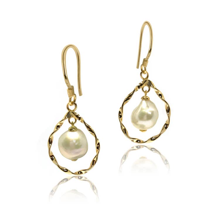 white pearl hoops earrings, 18k yellow gold vermeil for wholesale by Lustrous Jewellery