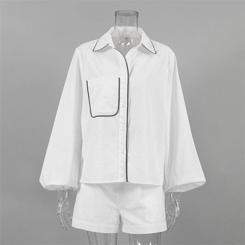 WHITE Loose Color Block Long Sleeve Shirt And Shorts Set for wholesale on Faire7