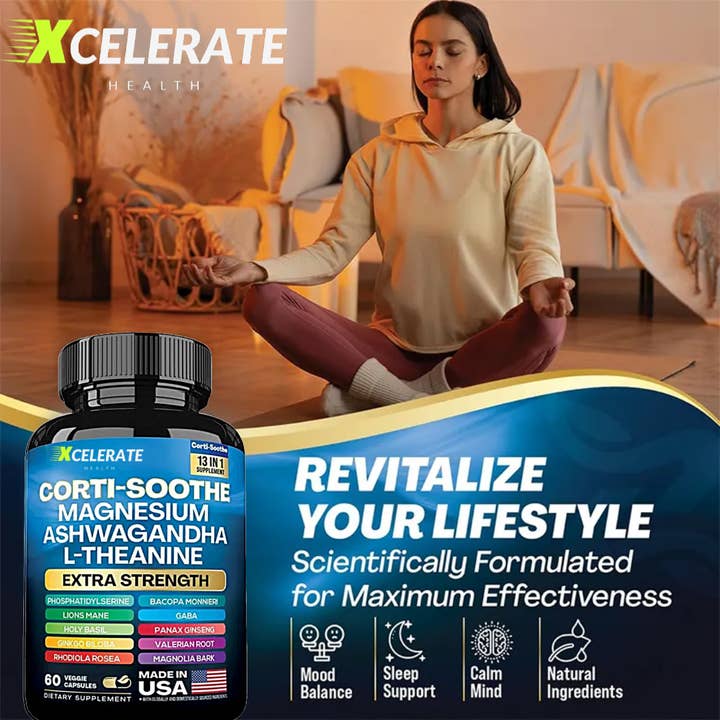 Xcelerate Health - Wholesale Oral Supplement/Vitamin - Corti-Soothe Blend 13 in 1 Calm, Clarity Balance Lion’s Mane, Magnesium, L-Theanine, Ginseng, Valerian Root, Magnolia Bark, Ginkgo Biloba1