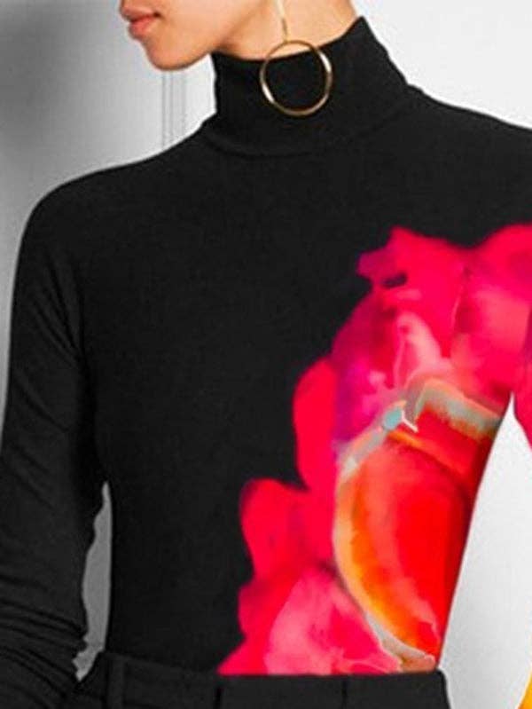 BLACK Contrast Color Printed Long Sleeves Skinny High Neck T-Shirt for wholesale on Faire3