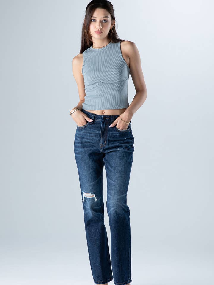 Damen Dark Super High Rise Distress Relaxed Straight Denim für den Großhandel von Ceros Jeans